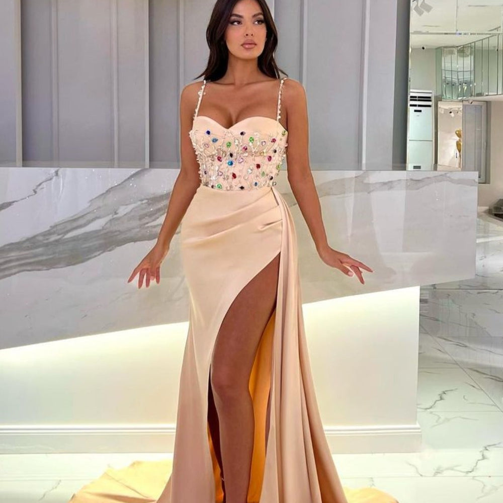 Long Prom Dress with Rhinestone, Spaghetti Strap, and Slit