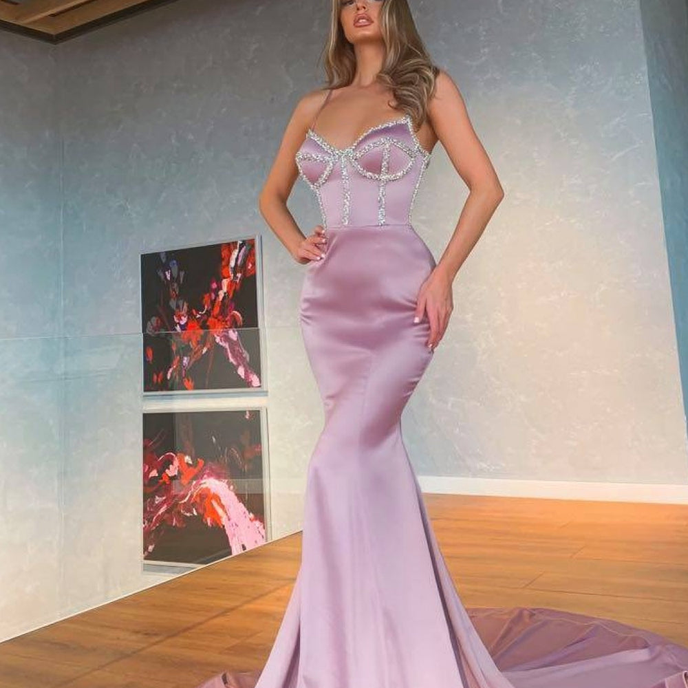 Light Purple Spaghetti-Straps Mermaid Prom Dress with Sequins