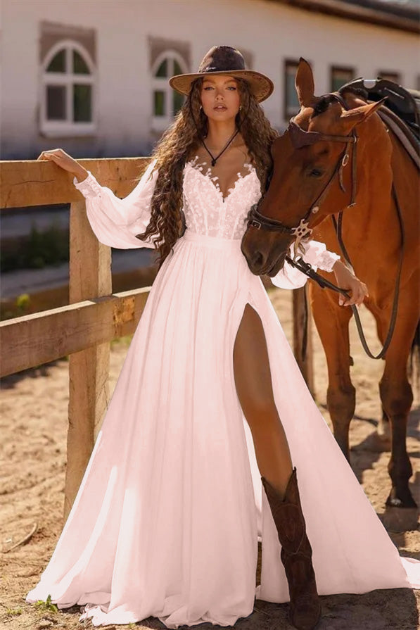 
                      
                        White Long Sleeve Wedding Dress with Lace and Split
                      
                    