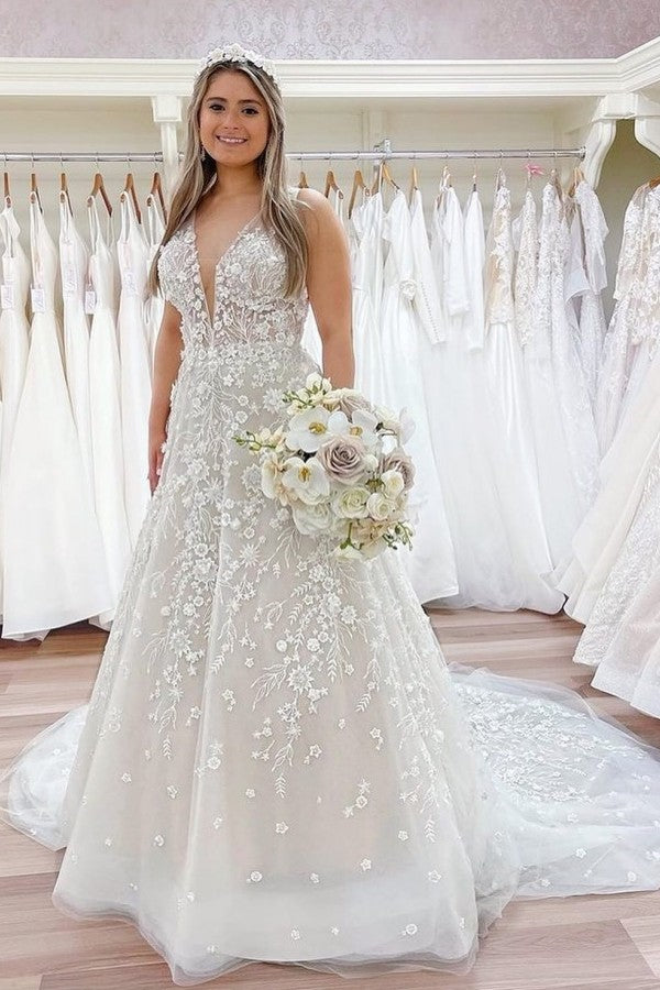 Sheer Strap A-Line Long Wedding Dress with 3D Floral Appliques