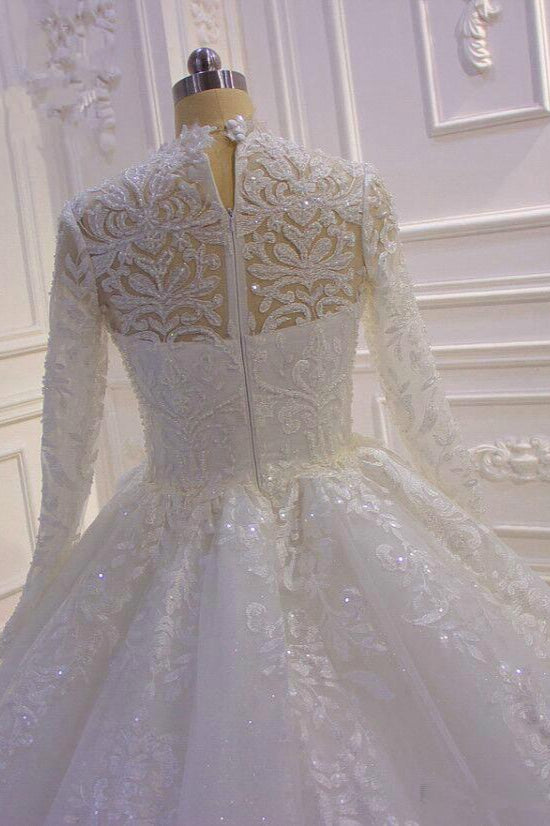 
                      
                        High Neck Long Sleeve Ball Gown Wedding Dress with Lace Ruffles
                      
                    