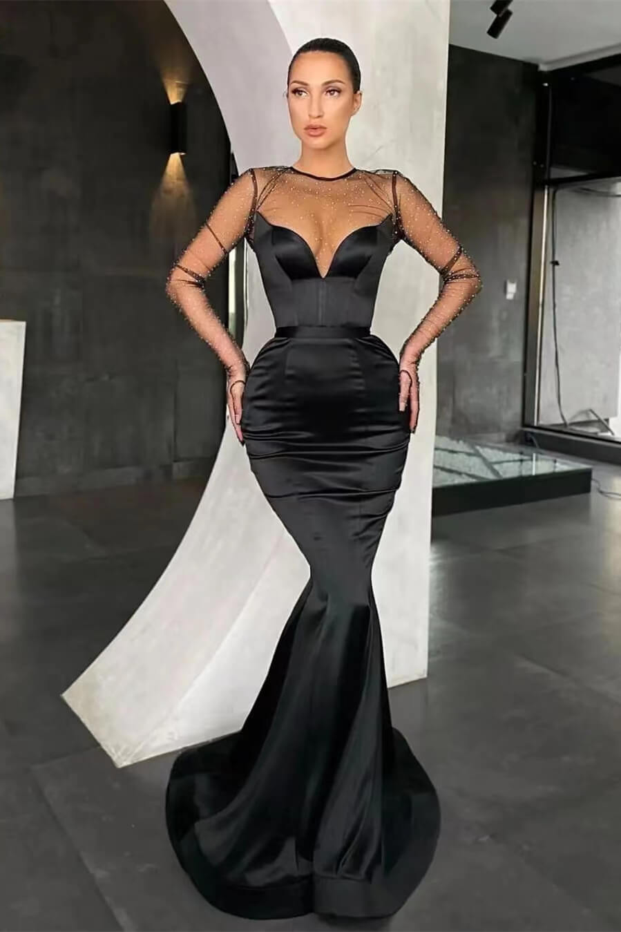 Black V-Neck Long Sleeves Mermaid Prom Dress with Beads