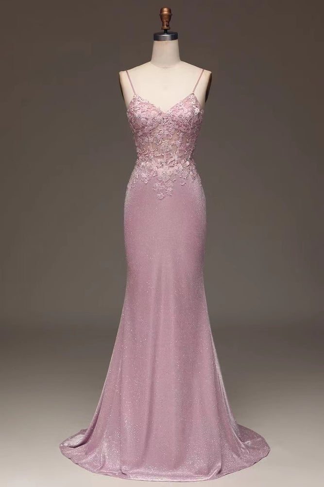 
                      
                        Elegant Pink Spaghetti-Strap Shining Sleeveless Prom Dress
                      
                    