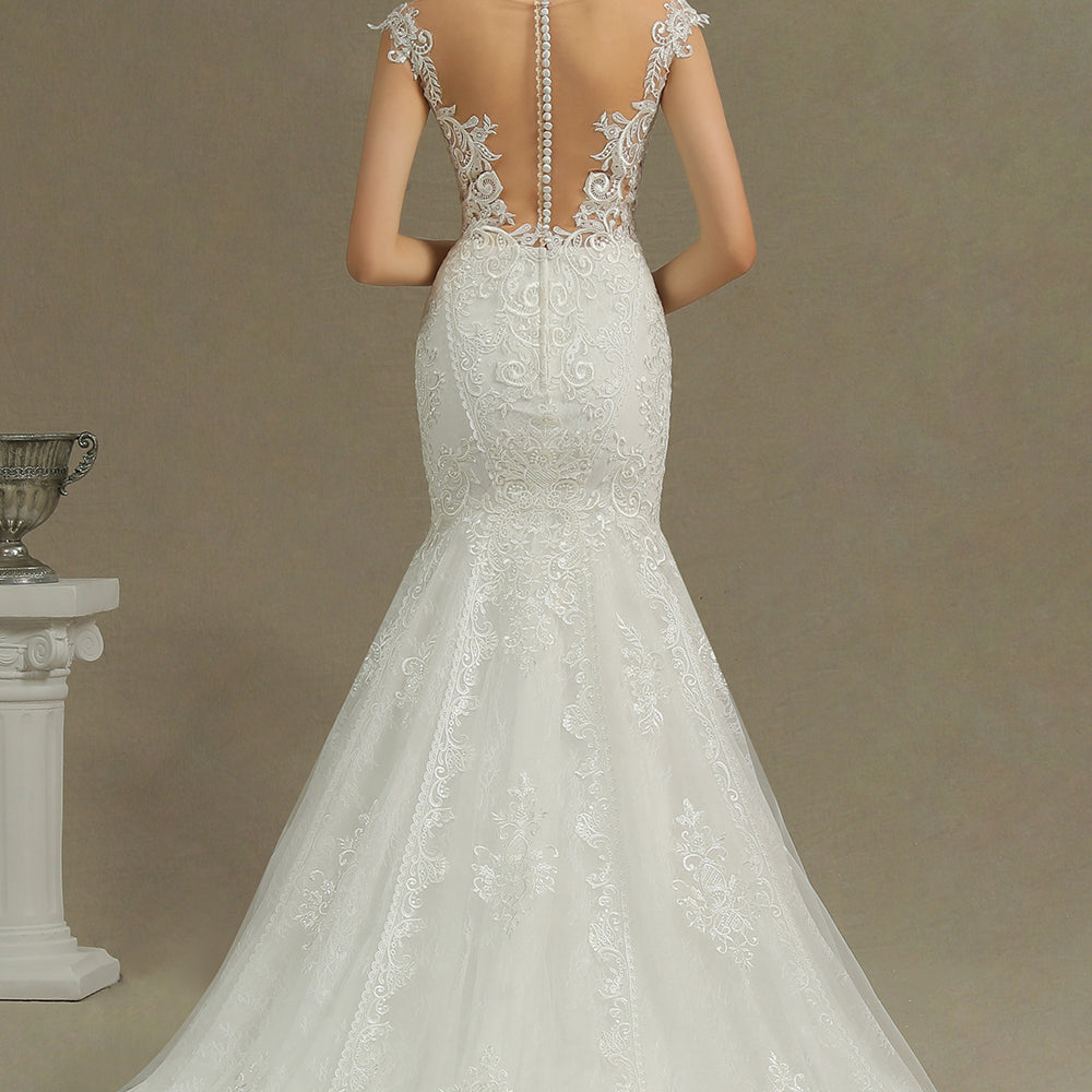 
                      
                        Mermaid Cap Sleeve Sheer Wedding Dress with Tulle Appliques
                      
                    