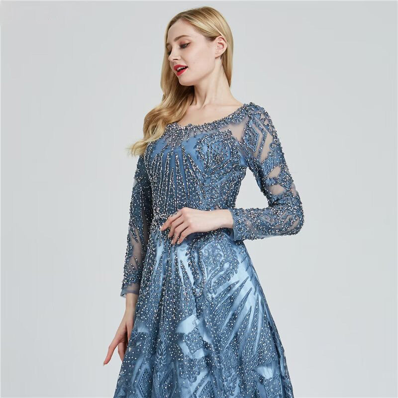 
                      
                        Elegant Ink Blue Long Sleeve Prom Dress, Sequin Applique A-Line
                      
                    