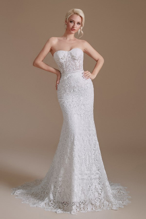 
                      
                        Long Mermaid Sweetheart Lace Wedding Dress with Detachable Sleeves
                      
                    