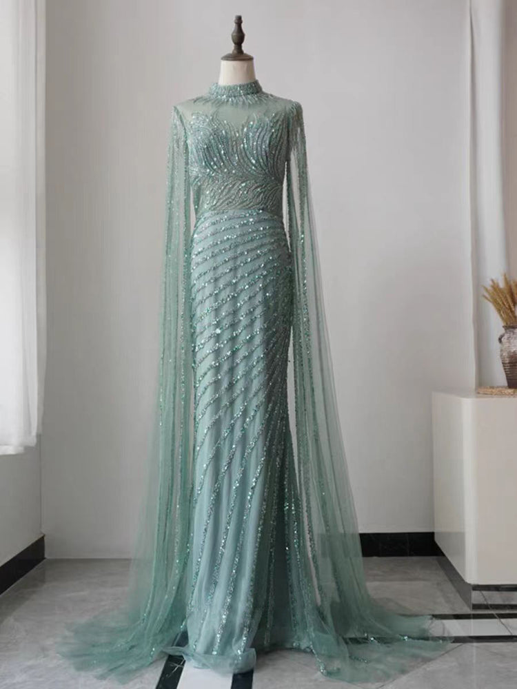 Green Luxury Long Sleeve Sequined Beaded Prom Dress 2024