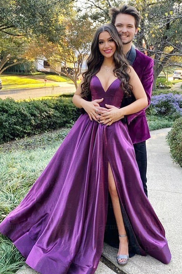 Purple V-Neck Spaghetti-Straps Prom Dress