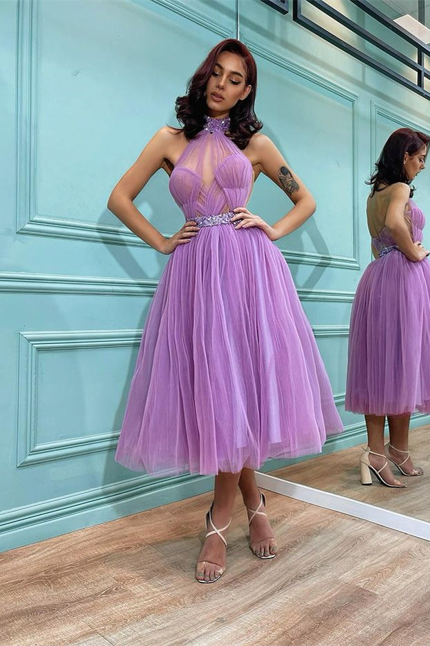 Lavender High Neck Short Tulle Prom Dress