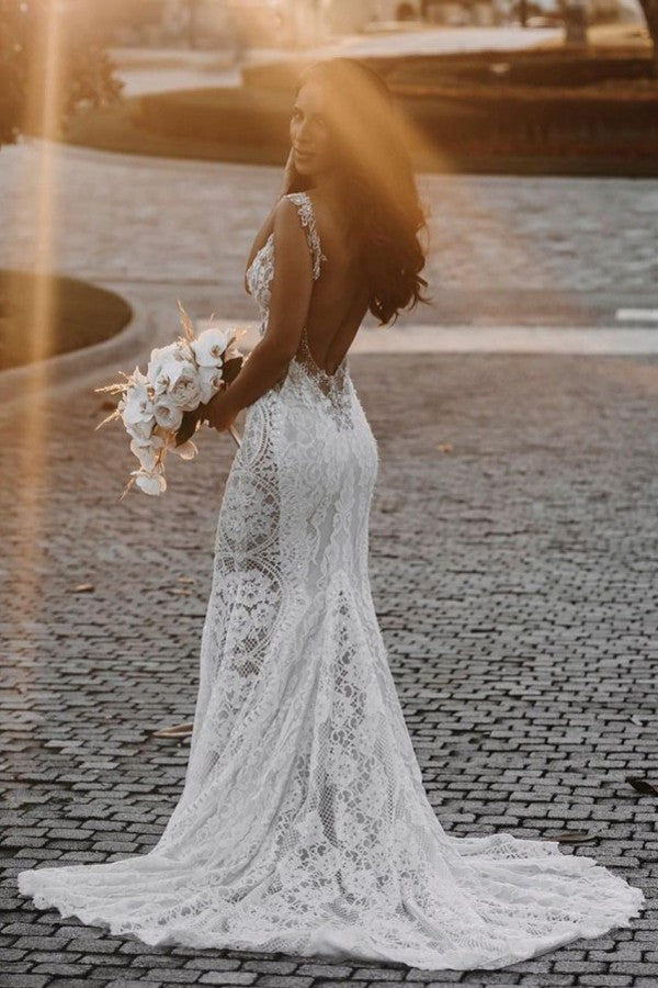 Glamorous V-Neck Wide Strap Open Back Mermaid Wedding Dress with Lace Appliques