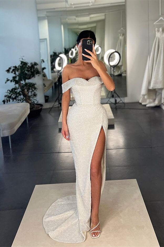 White Off-the-Shoulder Sequins Mermaid Prom Dress with Split