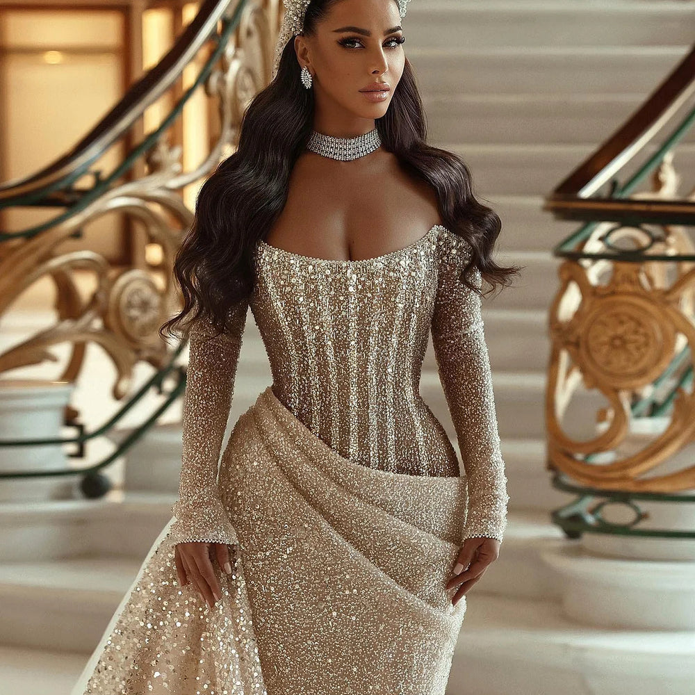 
                      
                        Champagne Long Sleeves Mermaid Sequin Wedding Dress Pleated
                      
                    