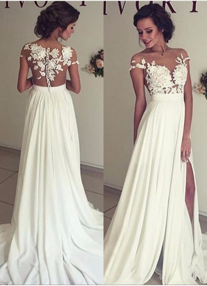 
                      
                        A-Line Chiffon Wedding Dress With Lace Ruffles Side Slit Appliques
                      
                    