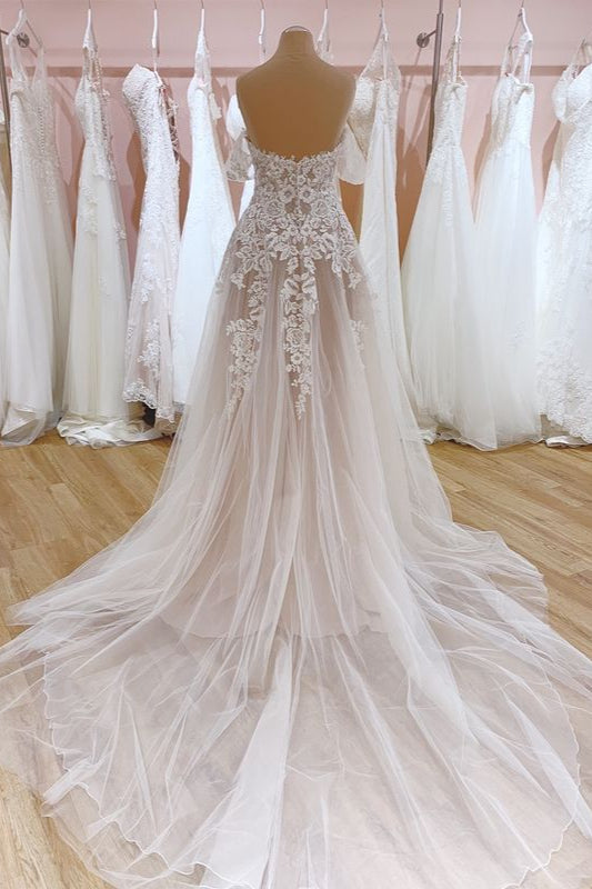 
                      
                        Off-the-Shoulder Train A-Line Wedding Dress with Sweetheart Backless Tulle
                      
                    