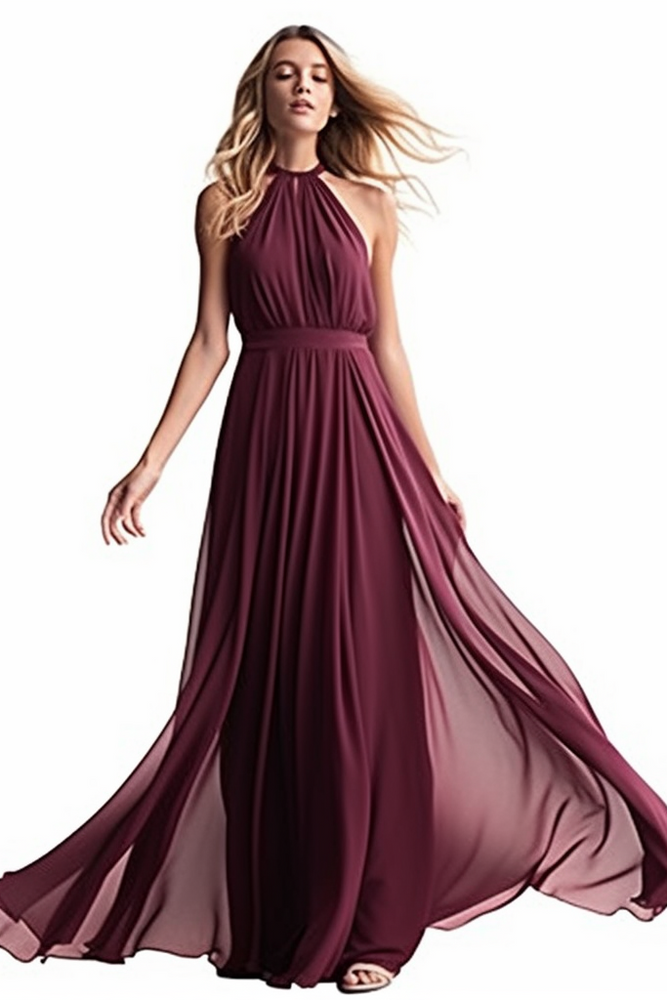 
                      
                        Purple Halter Sleeveless Long Chiffon Prom Dress with Pleats
                      
                    