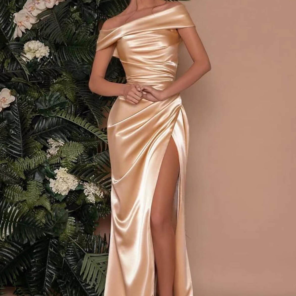 622. Champagne Off-The-Shoulder Charmeuse Prom Dress with Split Mermaid