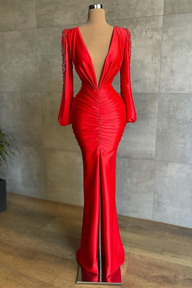 Deep V-Neck Red Mermaid Prom Dress with Long Sleeves