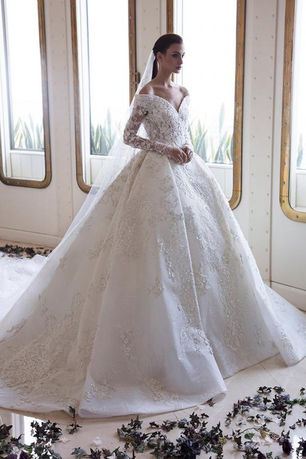 Off-the-Shoulder Sweetheart Long Sleeve A-Line Backless Wedding Dress with Lace, Appliques, and Crystal