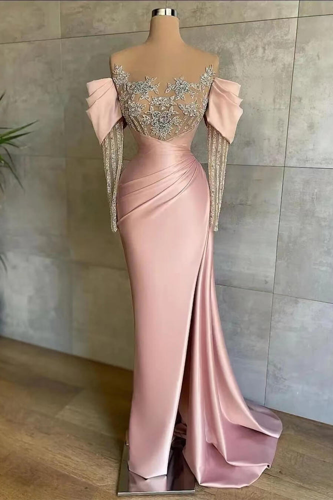 
                      
                        651. Pink Off-The-Shoulder Front Split Mermaid Prom Dress with Beadings and Appliques
                      
                    