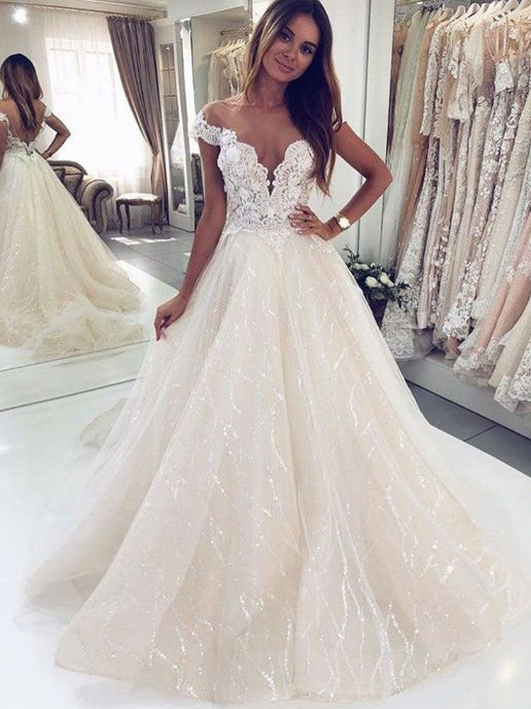 
                      
                        Long A-Line Tulle Open Back Wedding Dress with Off-the-Shoulder
                      
                    