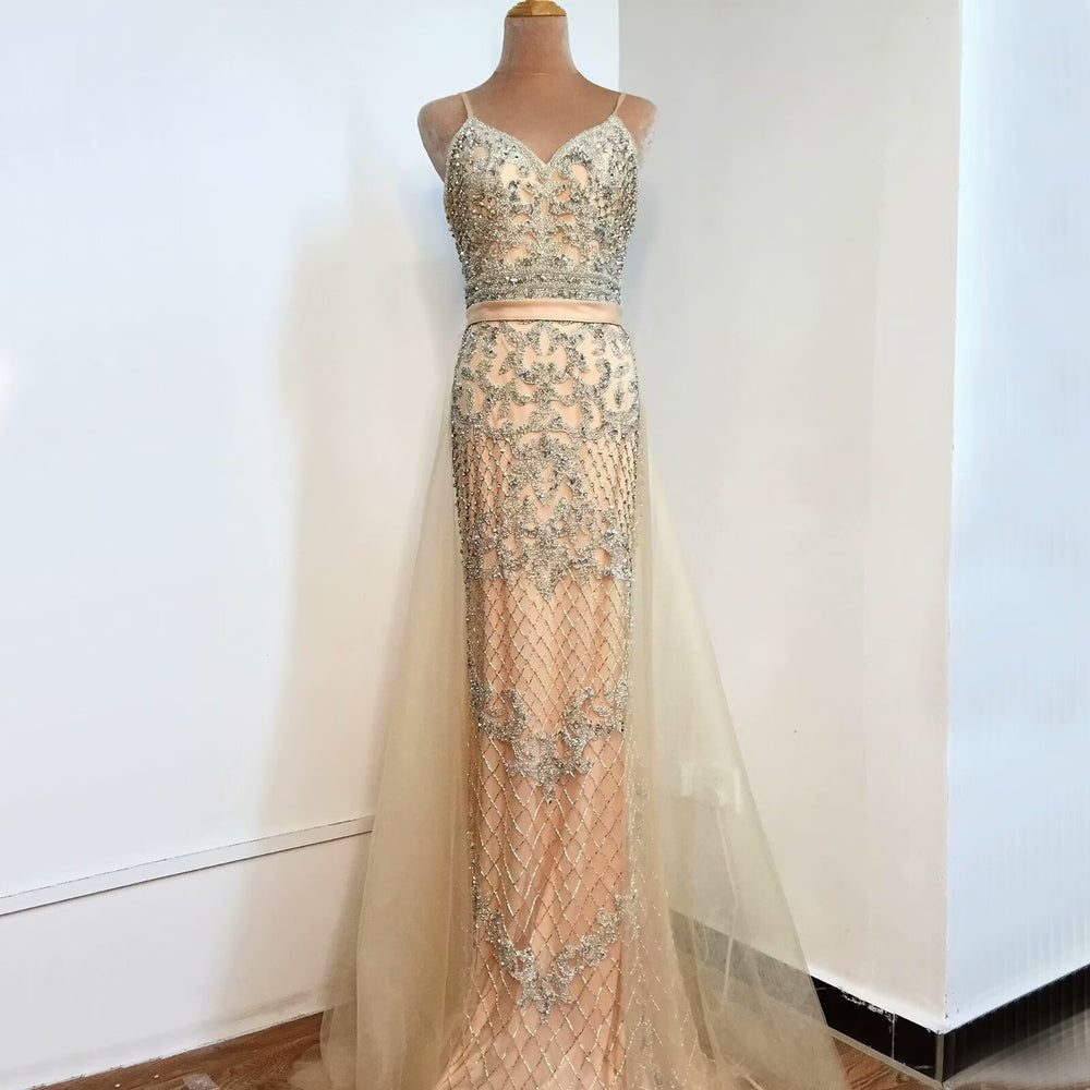 
                      
                        Champagne Sequined Mesh Prom Dress with Sleeveless A-Line Backless Style
                      
                    