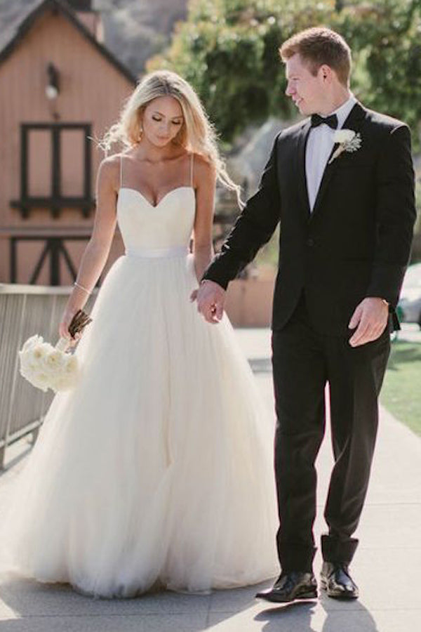 Long Spaghetti Strap Tulle Wedding Dress