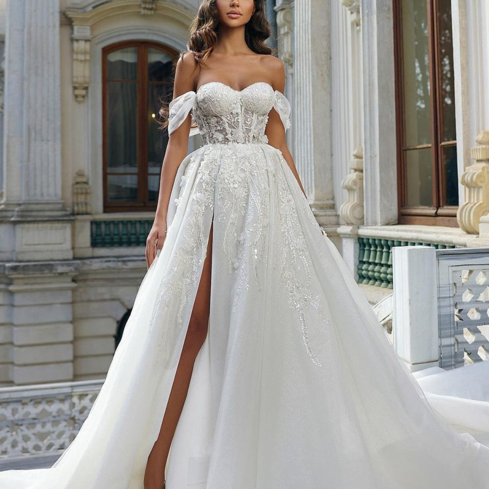 
                      
                        Lace White Sleeveless Off-the-shoulder Wedding Dress With High Slit
                      
                    