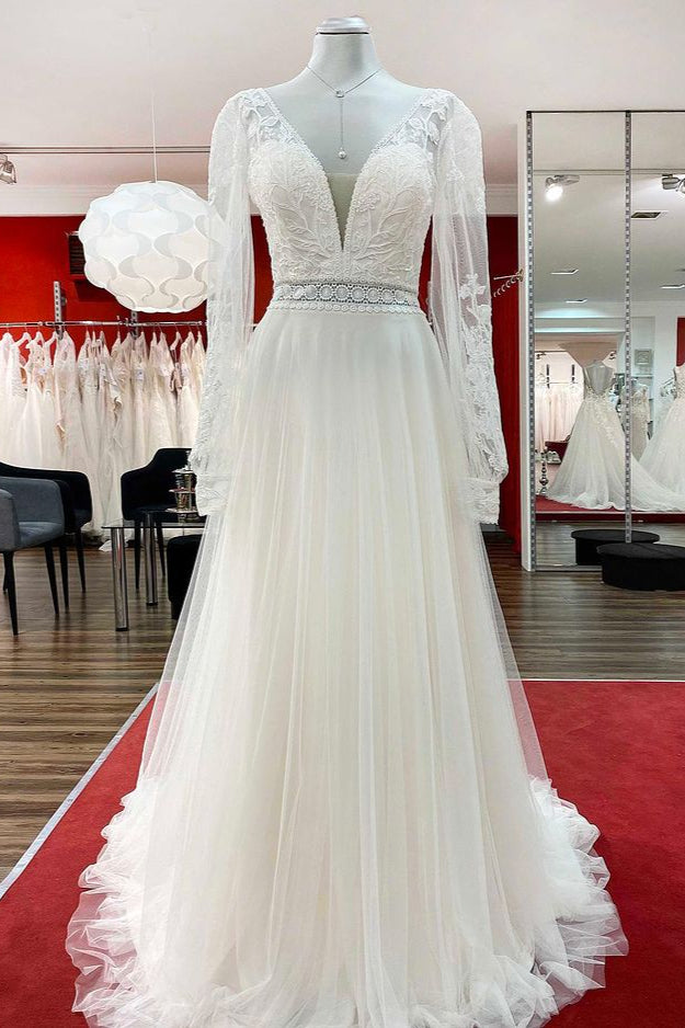 Long A-Line Sweetheart Wedding Dress with Sleeves, Appliques, Tulle, and Beadings