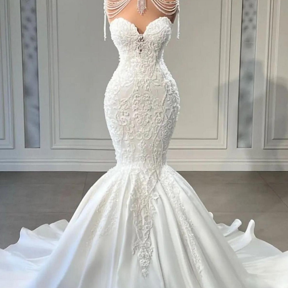 Long Sweetheart Satin Mermaid Wedding Dress with Pearl and Lace