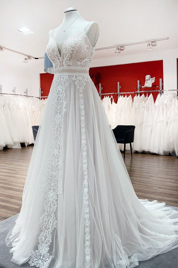 
                      
                        A-Line Wedding Dress with Ruffles, Open Back, and Tulle Lace
                      
                    