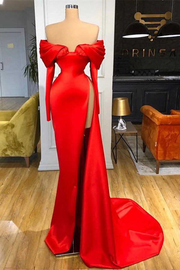 Red Off-the-Shoulder Long Sleeve Mermaid Prom Dress with Split