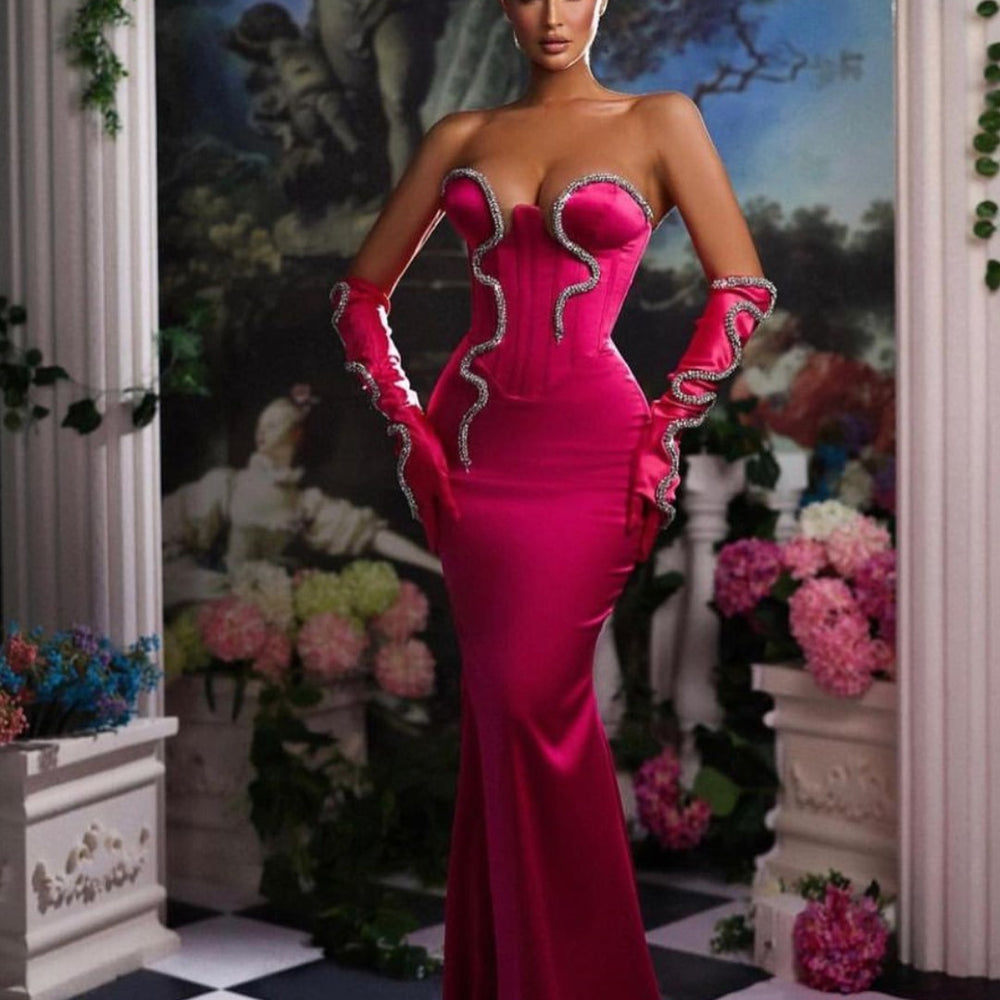 Fuchsia Mermaid Prom Dress Half Sleeves Strapless Gown