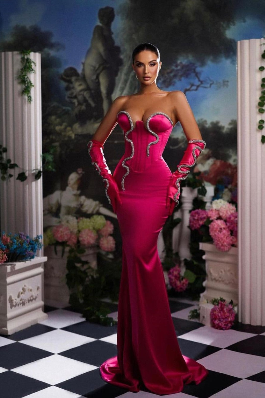 Fuchsia Mermaid Prom Dress Half Sleeves Strapless Gown