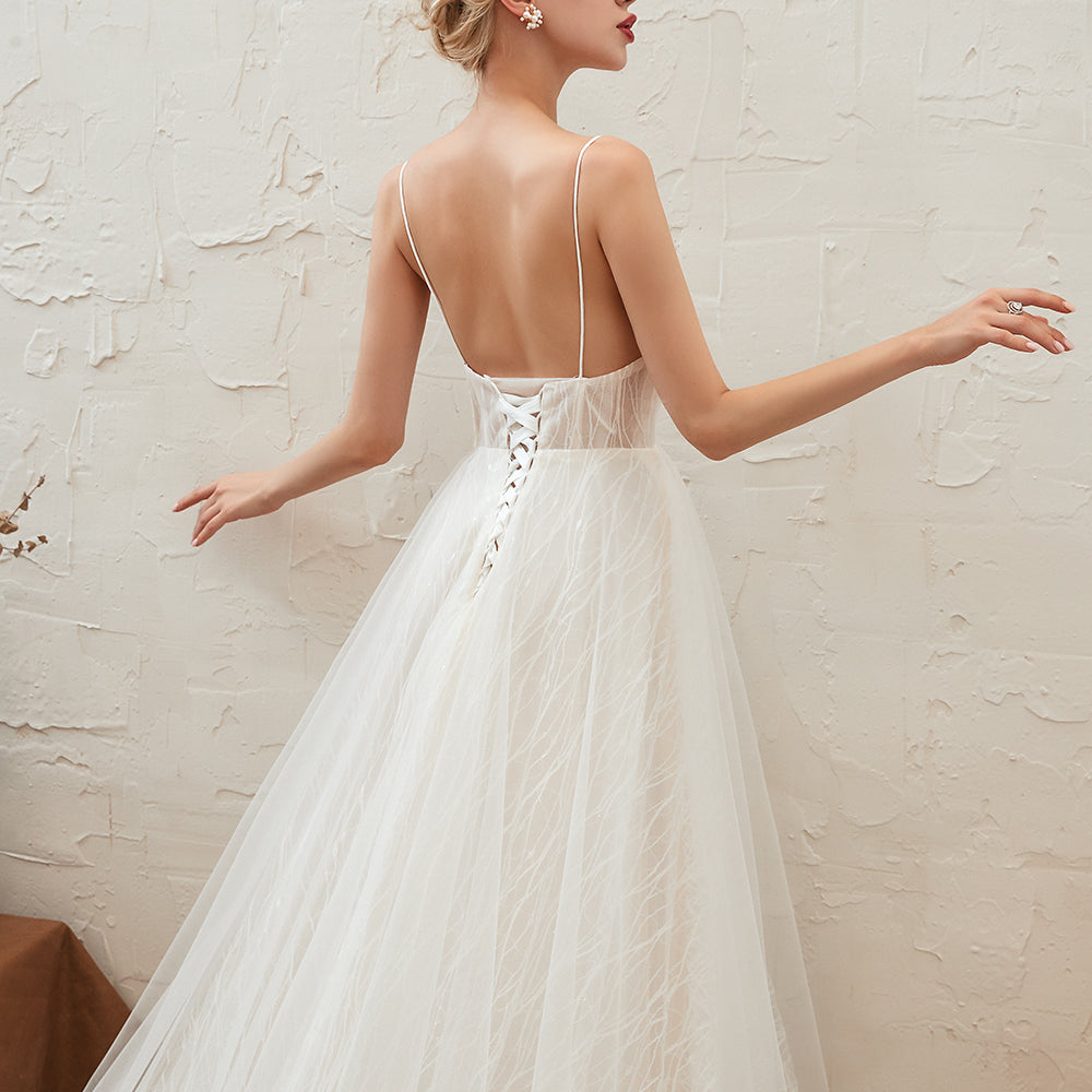 
                      
                        Classy A-Line Deep V-Neck Floor-Length Open Back Wedding Dress with Lace and Tulle
                      
                    