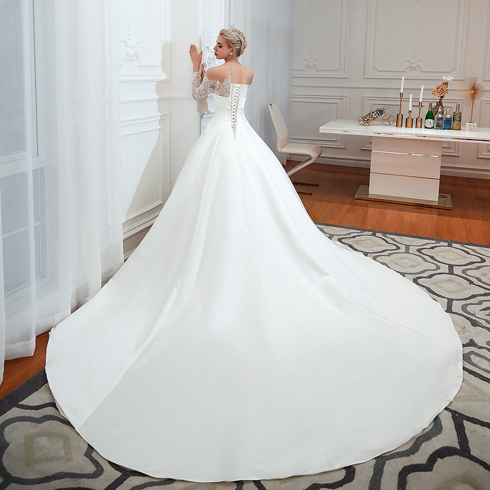 
                      
                        Stunning Off-the-Shoulder Long Sleeve A-Line Satin Wedding Dress with Lace
                      
                    