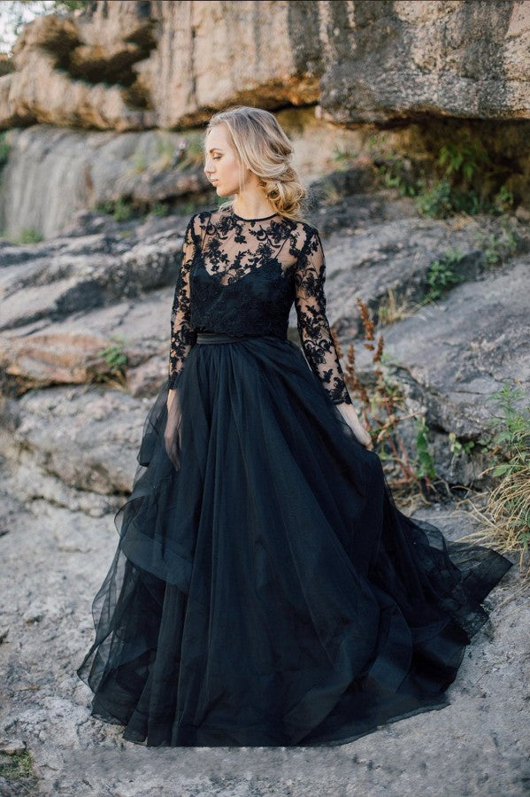 Vintage Black A-Line Long Sleeves Wedding Dress With Ruffles Appliques Lace Tulle