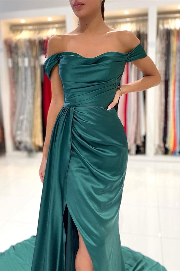 
                      
                        Dark Green Off-the-Shoulder Mermaid Long Prom Dress with Split and Ruffles
                      
                    