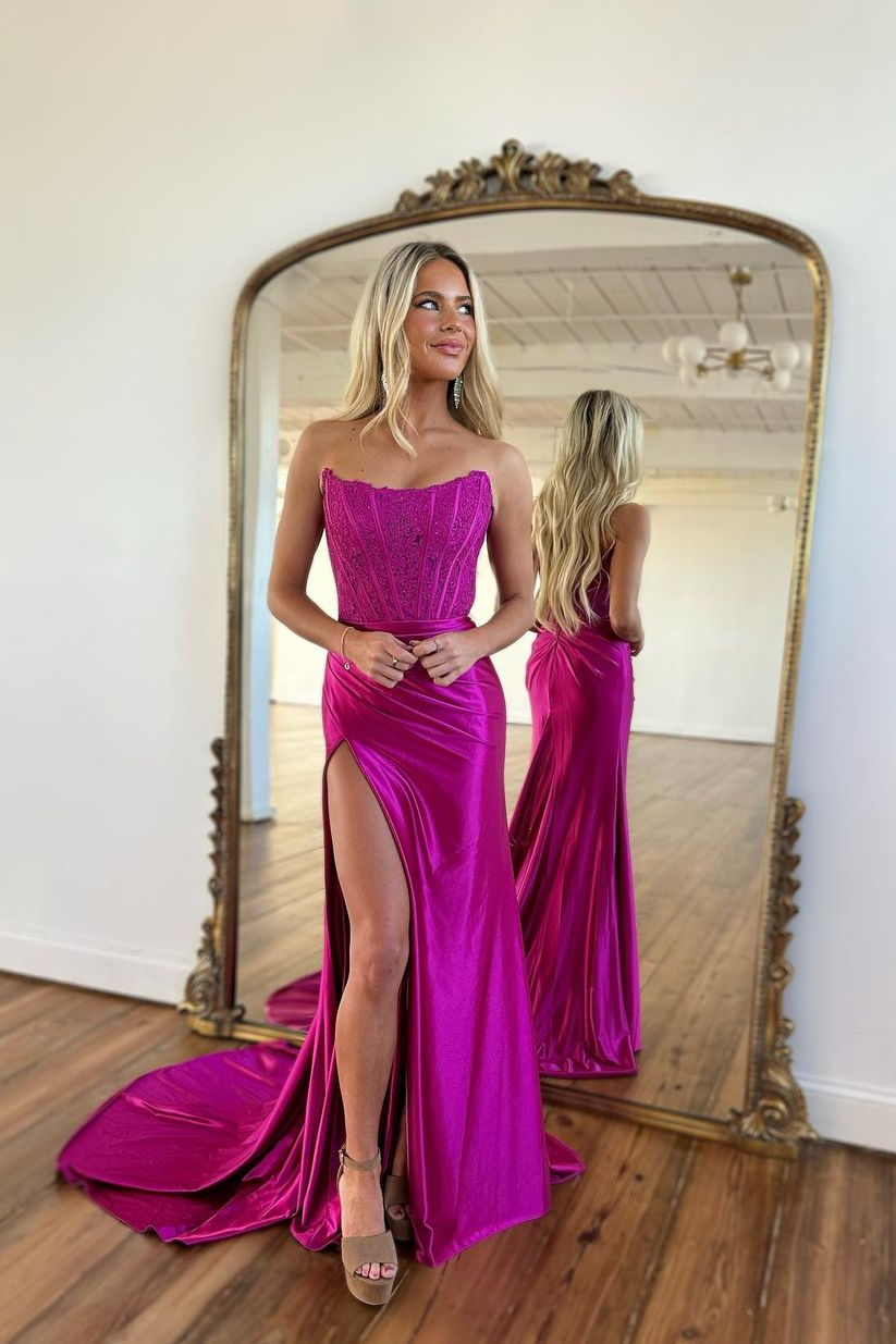 Fuchsia Bateau Sleeveless Prom Dress with Appliques and Slit