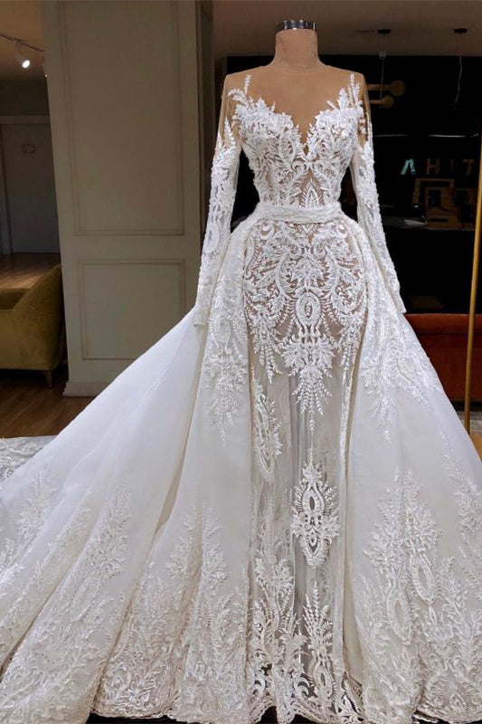 
                      
                        Glamorous Long Sleeve Mermaid Lace Wedding Dress with Detachable Skirt
                      
                    