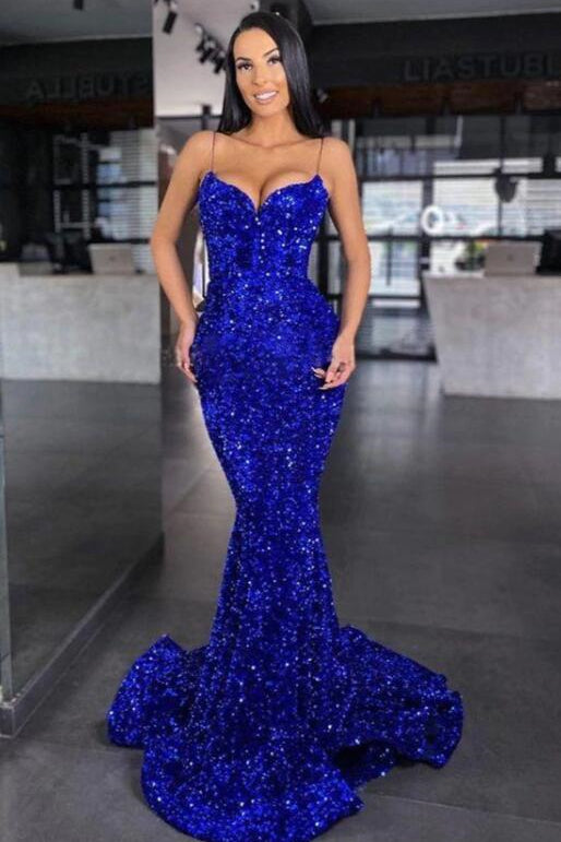 Royal Blue Sweetheart Spaghetti Strap Mermaid Prom Dress with Sequins