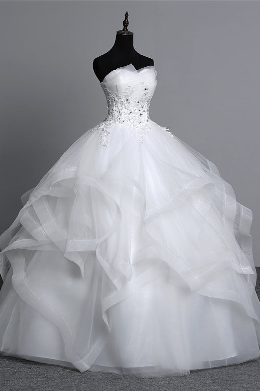 
                      
                        Long Ball Gown Strapless Tulle Layered Wedding Dress with Beaded Appliques
                      
                    