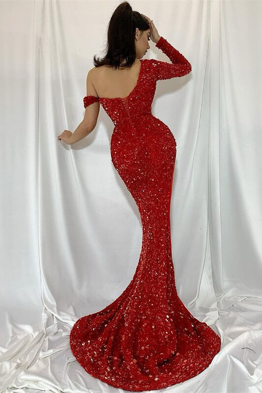 
                      
                        Red One Shoulder Sequins Mermaid Prom Dress with Split
                      
                    