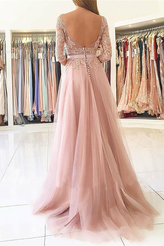 
                      
                        Pink 3/4 Sleeves Prom Dress with Split
                      
                    