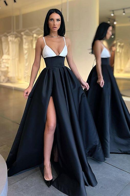 Black and White Spaghetti-Straps Prom Dress