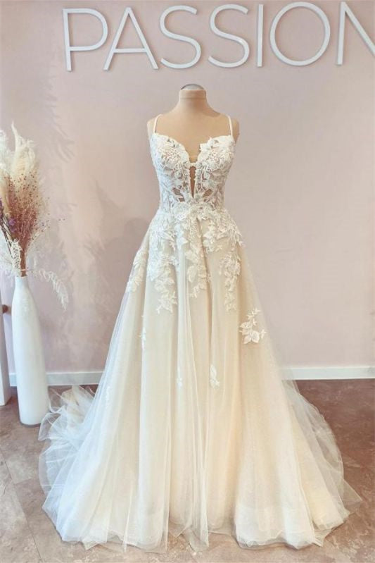 Spaghetti Strap Tulle A-Line Wedding Dress with Lace