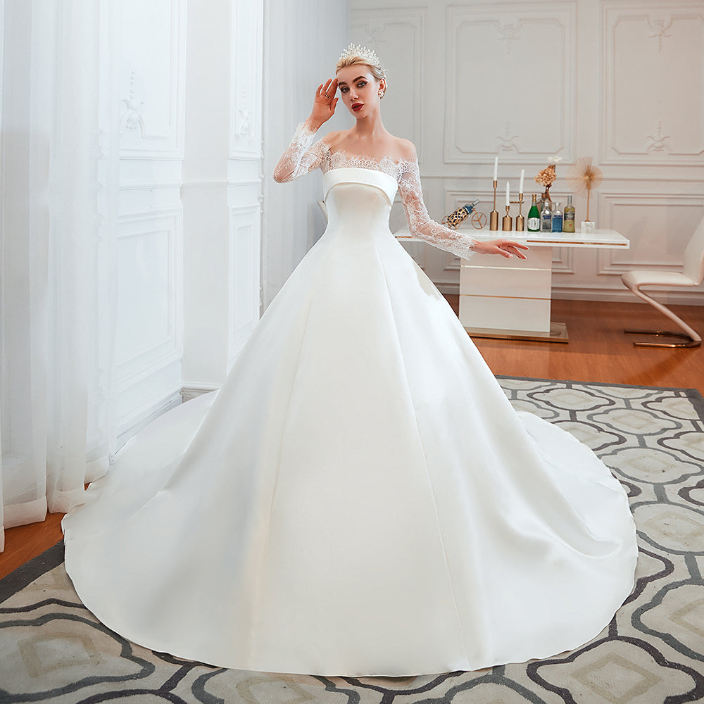 
                      
                        Stunning Off-the-Shoulder Long Sleeve A-Line Satin Wedding Dress with Lace
                      
                    