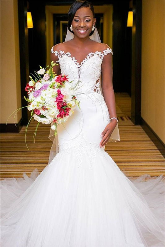 Stunning Cap Sleeve Lace Appliques Mermaid Long Wedding Dress