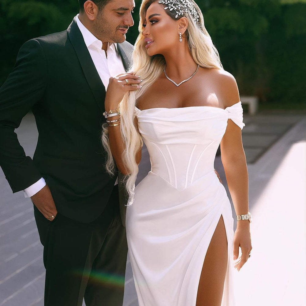 
                      
                        Prom Dress White Wedding Dress Off-the-Shoulder with High Slit
                      
                    