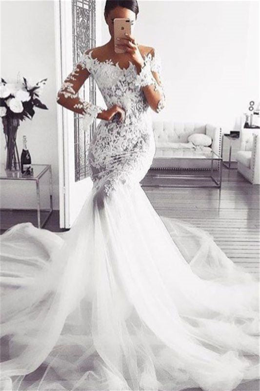 Modern Long Sleeve Mermaid Wedding Dress with Lace Appliques (On Sale)