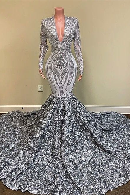 
                      
                        Silver V-Neck Long Sleeves Sequins Lace Mermaid Prom Dress with Flower Bottom
                      
                    